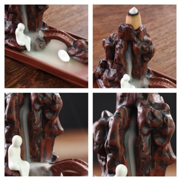 Creative Purple Clay Mountain and Bridge Reverse Backflow and Waterfall Fountain Incense Burner