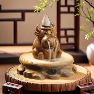 Cute Little Cow Wood Waterfall Backflow Incense Burner