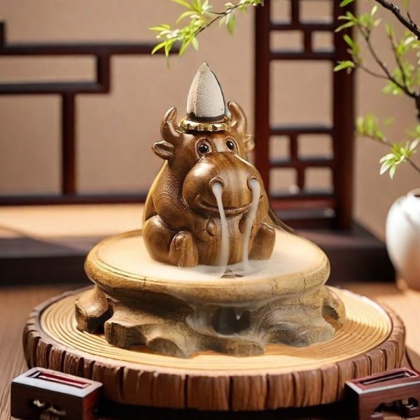 Cute Little Cow Wood Waterfall Backflow Incense Burner