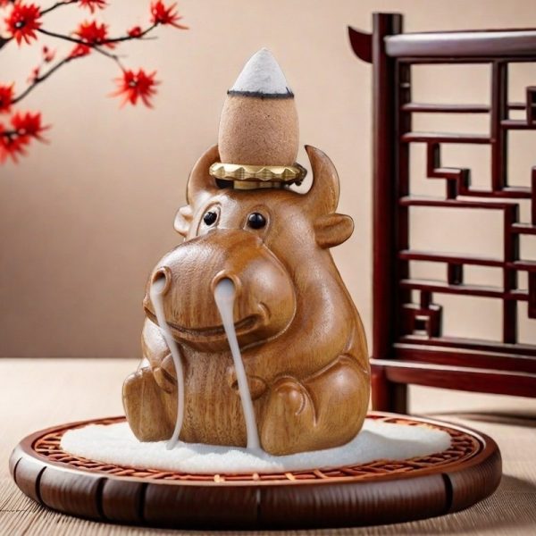 Cute Little Cow Wood Waterfall Backflow Incense Burner