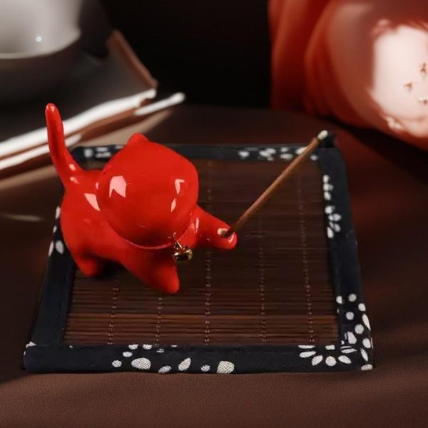 Cute Vivid Cat Walking Shape Porcelain Incense Stick Burner Holder - Red