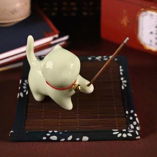 Cute Vivid Cat Walking Shape Porcelain Incense Stick Burner Holder-white