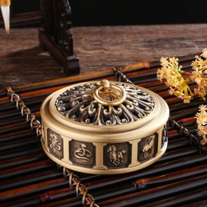 Delicate Zodiac Relief Small Chinese Tibetan Brass Bronze Incense Burner for Sale