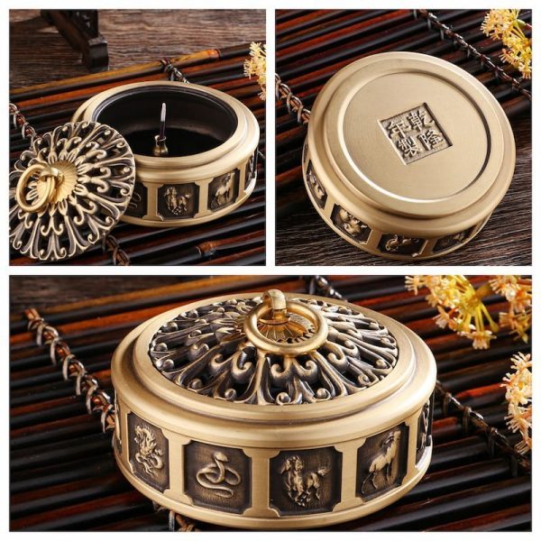 Delicate Zodiac Relief Small Chinese Tibetan Brass Bronze Incense Burner for Sale | Lulu Incense