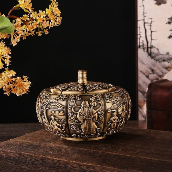 Delicate Detailed Pumpkin Carving Antique Style Copper Brass Incense Burner | Lulu Incense