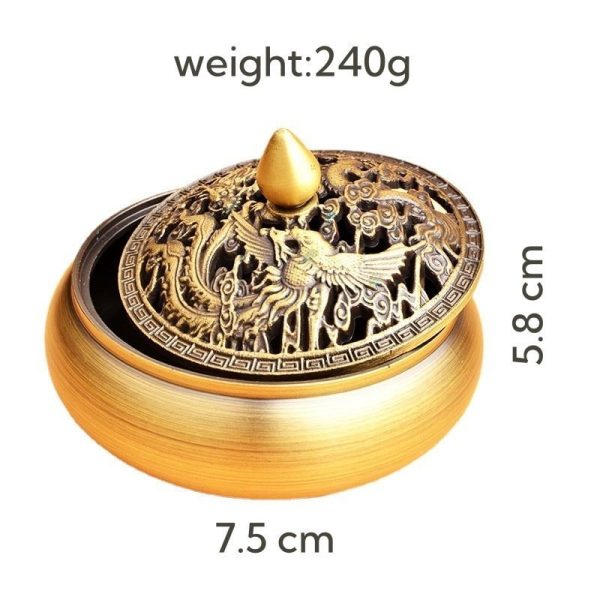 Dragon and Phoenix Theme Chinese Vintage Brass Charcoal Incense Burner Bowl with Lid