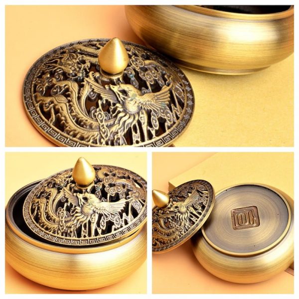 Dragon and Phoenix Theme Chinese Vintage Brass Charcoal Incense Burner Bowl with Lid