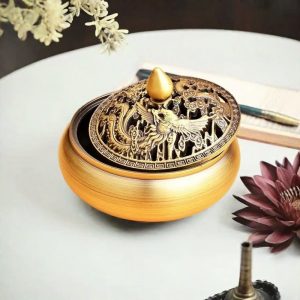 Dragon and Phoenix Theme Chinese Vintage Brass Charcoal Incense Burner Bowl with Lid