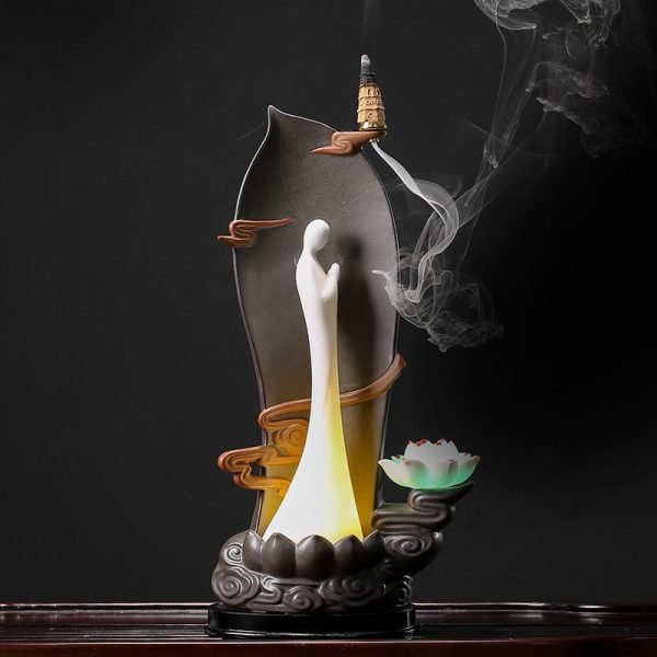 Electric LED Ceramic Zen Theme Standing Buddha Waterfall Incense Burner With Lotus and Cloud Wooden Base | Lulu Incense