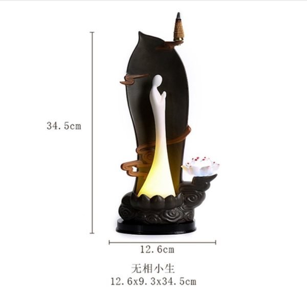 Electric LED Ceramic Zen Theme Standing Buddha Waterfall Incense Burner With Lotus and Cloud Wooden Base | Lulu Incense