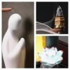 Electric LED Ceramic Zen Theme Standing Buddha Waterfall Incense Burner With Lotus and Cloud Wooden Base | Lulu Incense