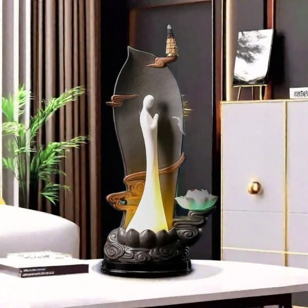 Electric LED Ceramic Zen Theme Standing Buddha Waterfall Incense Burner With Lotus and Cloud Wooden Base