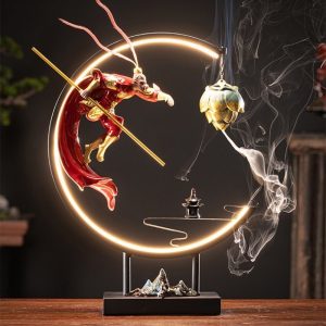 Electric LED Ceramic Zen Theme Standing Buddha Waterfall Incense Burner With Lotus and Cloud Wooden Base | Lulu Incense