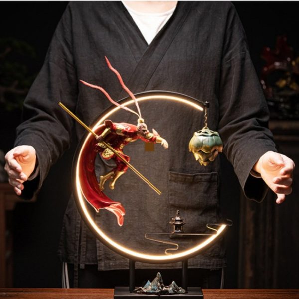 Electric LED Ceramic Zen Theme Standing Buddha Waterfall Incense Burner With Lotus and Cloud Wooden Base | Lulu Incense