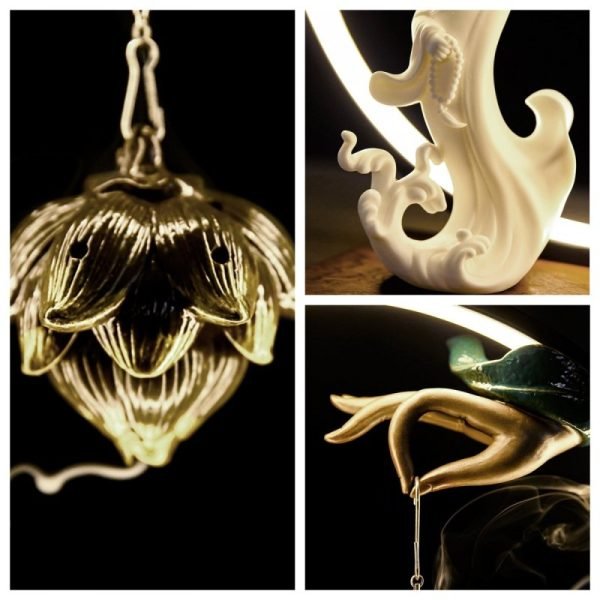 Electric White Porcelain Laughing Buddha LED Incense Backflow Waterfall Burner with Hanging Lotus