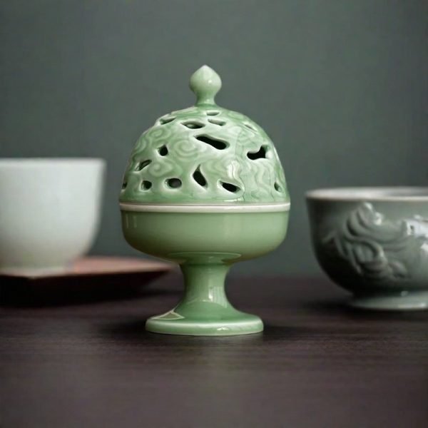 Elegant Celadon Porcelain Tree Cone Incense Censer Burner for Sale
