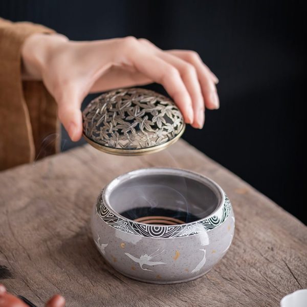 Elegant Vintage Ceramic Purple Crane Incense Burner for Cones | Lulu Incense