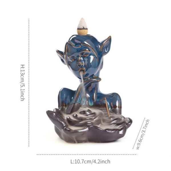 Blue Elf Maiden Ceramic Smoke Backflow and Waterfall Head Incense Fountain Burner