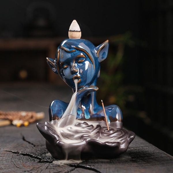 Blue Elf Maiden Ceramic Smoke Backflow and Waterfall Head Incense Fountain Burner