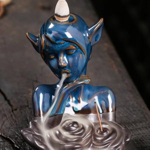 Blue Elf Maiden Ceramic Smoke Backflow and Waterfall Head Incense Fountain Burner