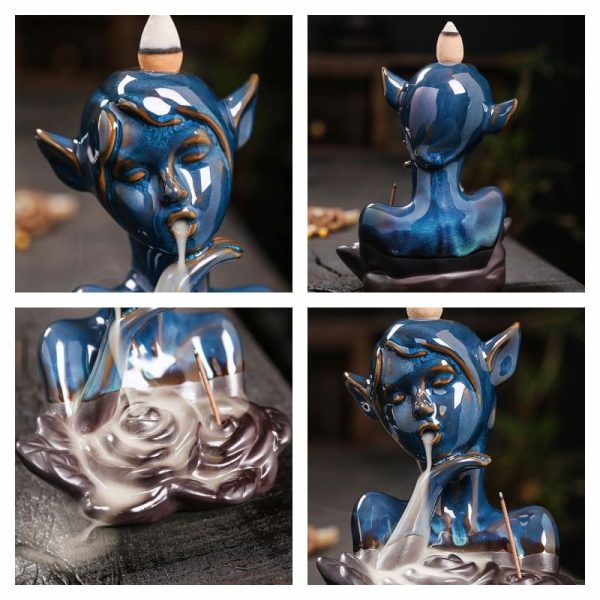 Blue Elf Maiden Ceramic Smoke Backflow and Waterfall Head Incense Fountain Burner