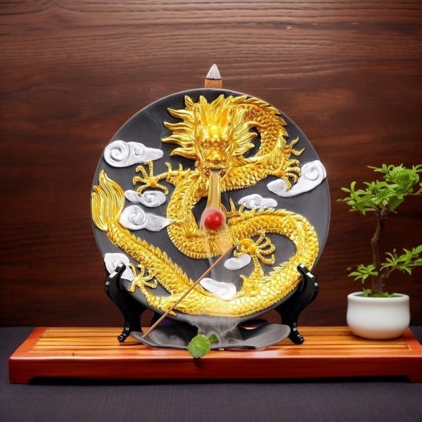 Chinese Antique Luxurious Golden and Black Dragon Round Backflow Incense Burner