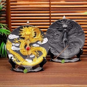 Chinese Antique Luxurious Golden and Black Dragon Round Backflow Incense Burner
