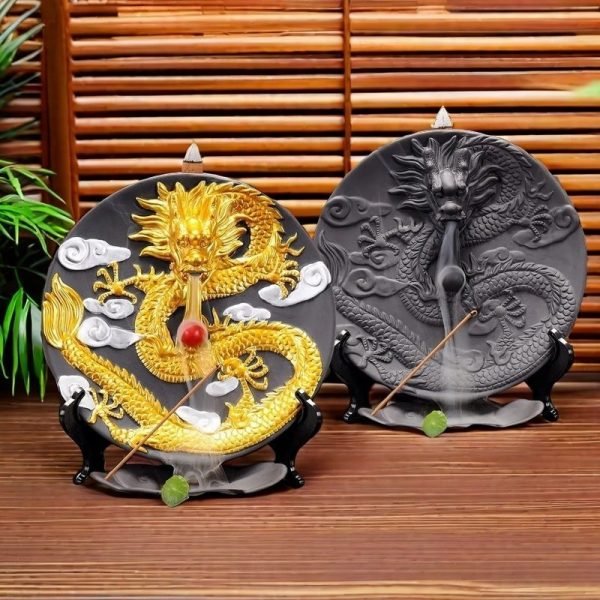 Chinese Antique Luxurious Golden and Black Dragon Round Backflow Incense Burner