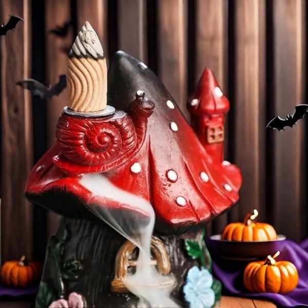 Feature of Resin Halloween Witch Mushroom Log Cabin House Resin Backflow Incense Burner (2)