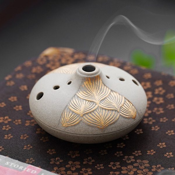 Gold Lotus Relief Elegant Ceramic Coil Incense Burner with Lids | Lulu Incense