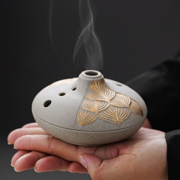 Gold Lotus Relief Elegant Ceramic Coil Incense Burner with Lids | Lulu Incense