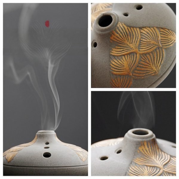 Gold Lotus Relief Elegant Ceramic Coil Incense Burner with Lids | Lulu Incense