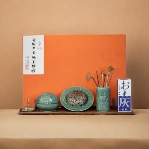 Green Ceramic Lotus Theme Asian Agarwood Loose Incense Powder Burner Kit
