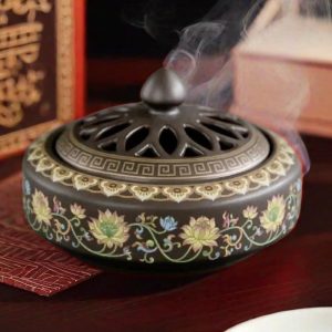 Handcrafted Chinese Enamel Lotus Flower Patterns Porcelain Rounded Coil Incense Bowl Burner with Lid
