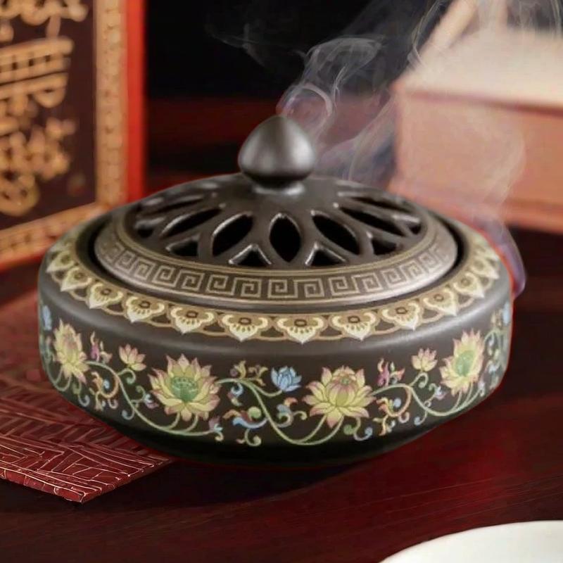 Handcrafted Chinese Enamel Lotus Flower Patterns Porcelain Rounded Coil Incense Bowl Burner with Lid Handcrafted Chinese Enamel Lotus Flower Patterns Porcelain Rounded Coil Incense Bowl Burner with Lid