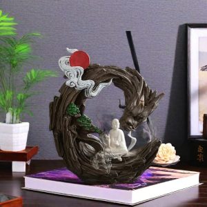 Large Buddha and Dragon Smoke Waterfall Backflow Incense Burner Holder for Sale
