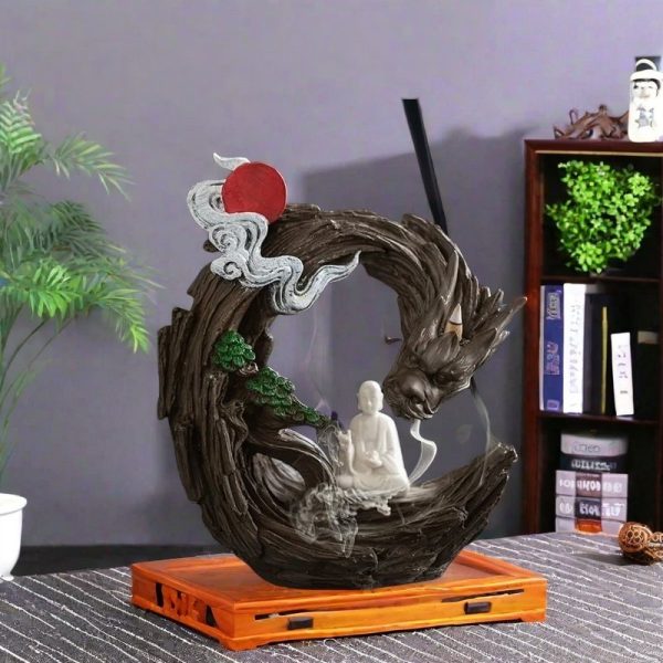 Large Buddha and Dragon Smoke Waterfall Backflow Incense Burner Holder for Sale