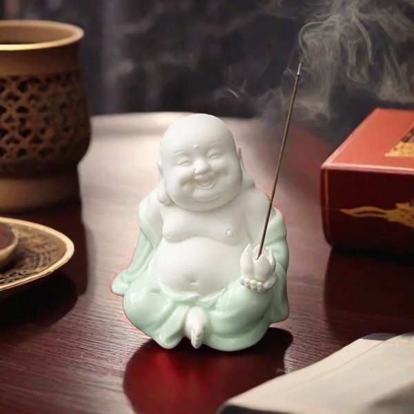 Laughing Seated Maitreya Buddha Incense Stick Burner Holder Indicating Good Luck