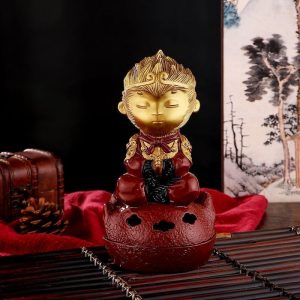 Red and Glod Antique Chinese Monkey King Theme  Buddha-Like Brass Bronze Incense Burner | Lulu Incense