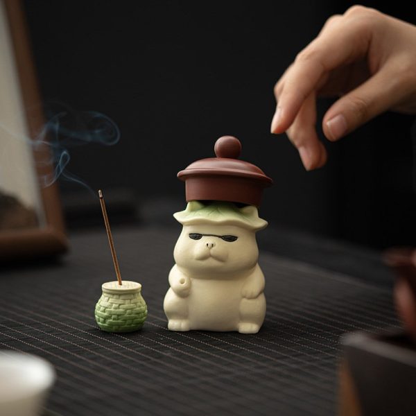 Unique Playful Fat Cat Doing Fishing Ceramic Stick Incense Burner Holder | Lulu Incense