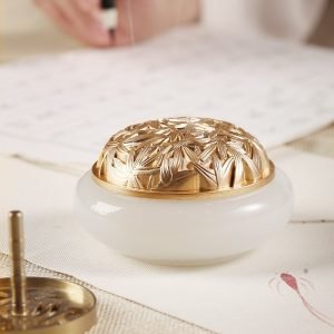 Bamboo Leaf Theme Crystal Jade Cone Incense Burner Bowl Holder with Golden Lid | Lulu Incense