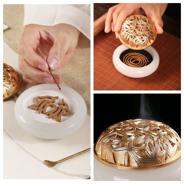 Bamboo Leaf Theme Crystal Jade Cone Incense Burner Bowl Holder with Golden Lid | Lulu Incense