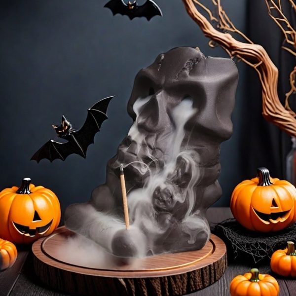 Purple Clay Skull Waterfall Backflow Cone Incense Burner for Halloween Holiday