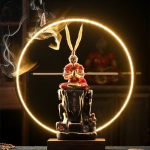 Red Monkey King Purple Clay and Wooden Foundation Incense Waterfall Burner with LED Light | Lulu Incense