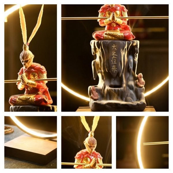 Red Monkey King Purple Clay and Wooden Foundation Incense Waterfall Burner with LED Light | Lulu Incense