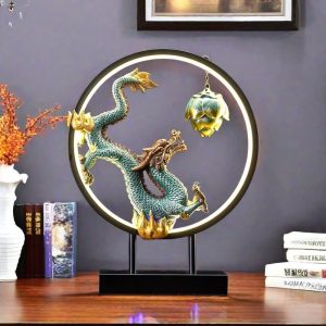 Resin Antique Green Flying Dragon Backflow Incense Holder with LED Lighting