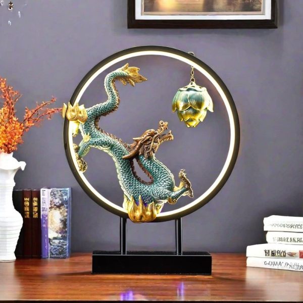 Resin Antique Green Flying Dragon Backflow Incense Holder with LED Lighting