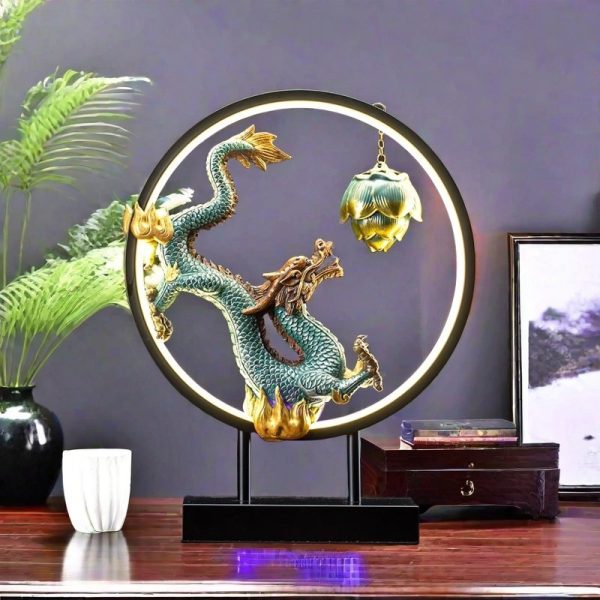 Resin Antique Green Flying Dragon Backflow Incense Holder with LED Lighting