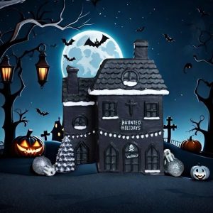 Resin Black Haunted House with Smoking Chimney Log Cabin Incense Burner