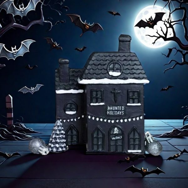 Resin Black Haunted House with Smoking Chimney Log Cabin Incense Burner